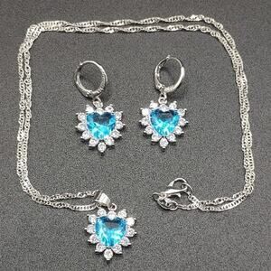 925 Silver Blue Lab Aquamarine CZ Diamonds Necklace & Earrings Set BOHO Jewelry